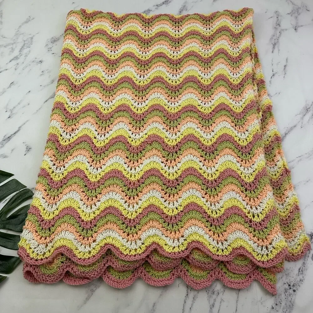 Vintage 80s Handmade Crochet Throw Blanket Pink Yellow Scallop Stripe Cottage